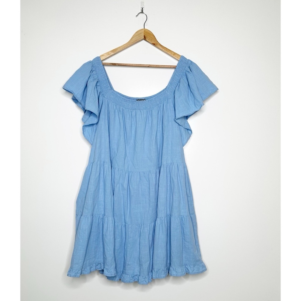 ARULA Blue Tiered Mini Dress Ruffle Sleeve Cotton Blend Size B 2X